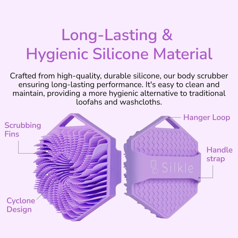 SILKLE Silicone Body Scrubber – Gentle Exfoliating Shower Scrubber for Body & Bath, Silicone Shower Brush & Loofah Alternative – Non-Slip Silicone Body Brush, Quick Dry, Hygienic - Purple - Image 4